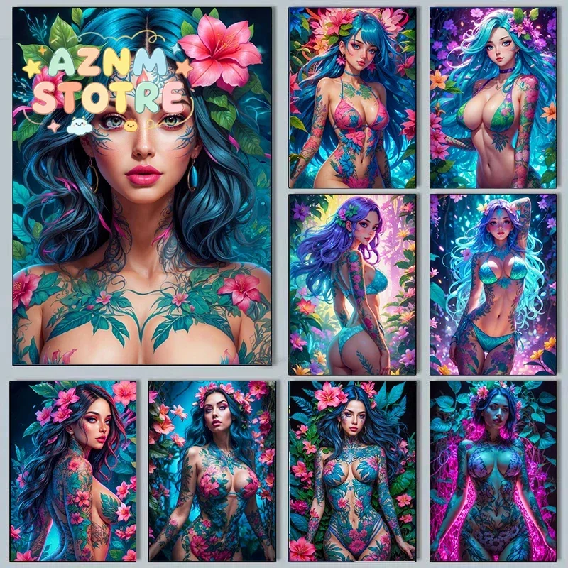 posteres-de-tatuagens-florais-cyberpunk-para-meninas-impressao-em-tela-de-menina-anime-sexy-com-flores-bonitas-decoracao-para-casa-e-quarto-presente