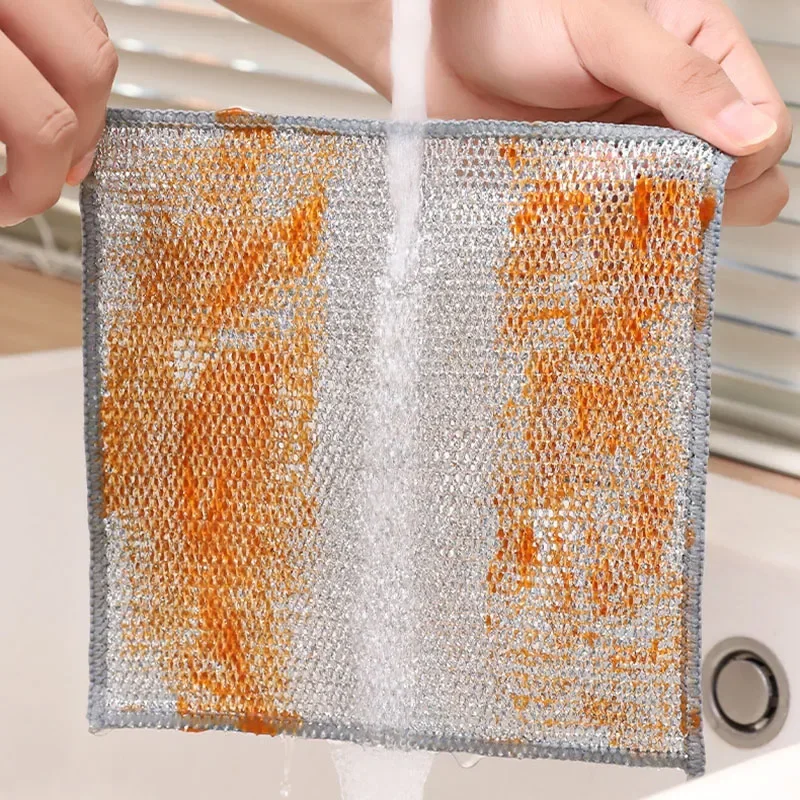 

Magic Dishcloth Silver Wire Cleaning Kitchen Cloth Thickened Microfiber Wash Towel Built-in Sponge Steel Wire Ball Rag