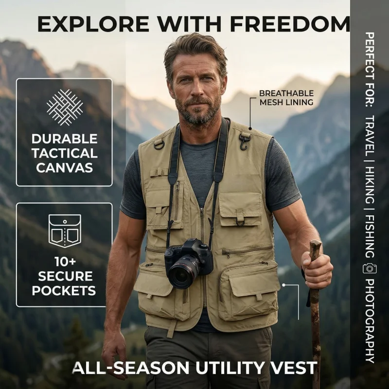 

Men Tooling Vest Spring Autumn Casual Outdoor Photography Lightweight Zipper Jacket V Neck Design Travel Breathable Comfort Vest