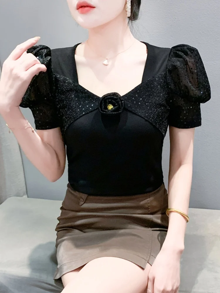 Estate nuovi vestiti europei T-shirt da donna Diamanti lucidi che bordano top Femme T-shirt in cotone con maniche corte a sbuffo