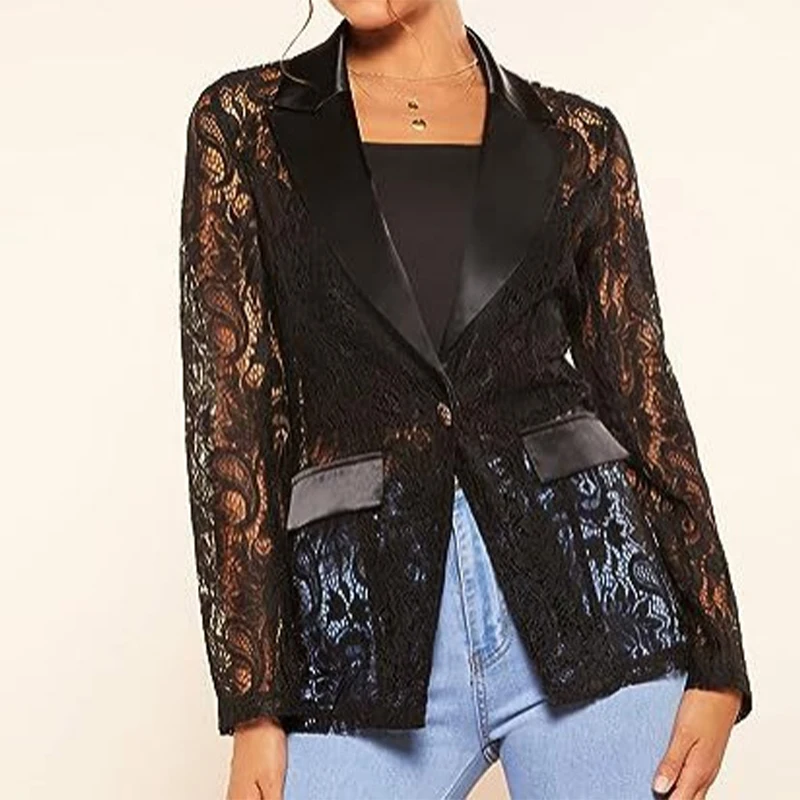 Women's Blazer Jacket Fashion Elegant Floral Lace Mesh Single Button Lapel Long Sleeve Jacket Blazer For Party Work Office