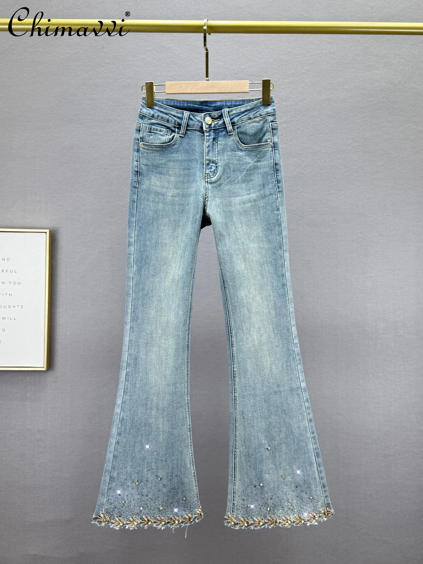 

Женские джинсы с тяжелыми бриллиантами, осенняя одежда 2023 года, новая мода, эластичные облегающие брюки с высокой талией, расширенные расклешенные брюки в европейском стиле