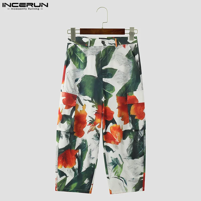 INCERUN 2024 Korean Style New Men's Trousers Loose Floral Leaf Printing Long Pants Fashion Personality Hot Sale Pantalons S-5XL