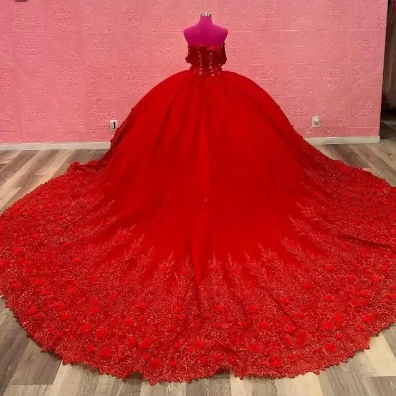 

Gorgeous Real Picture Luxury Red Quinceanera Dresses Ballgowns Off Shoulder Flower Sweep Train Sweet 16 Girl Party Prom Dress 15