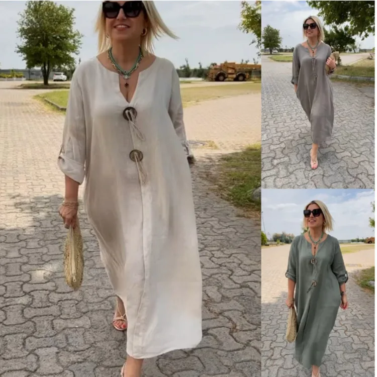 

Autumn Maxi Dresses For Women Casual Loose Long Sleeve V Neck Button Streetwear Vacation Basic Dress Vestido Elegante