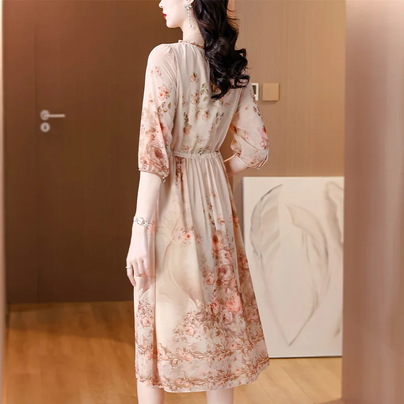 2026 Spring Summer Boho Beach Midi Dresses Luxury Chiffon Floral Casual Office Midi Dress Women's Vintage Elegant Evening Prom view 4