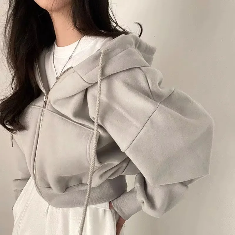 

2025 Autumn And Winter New Instagramsadd Velvet Fashion Short Slim Zipper Warm Solid Color Hoodie Woman Simple Short Hoodie