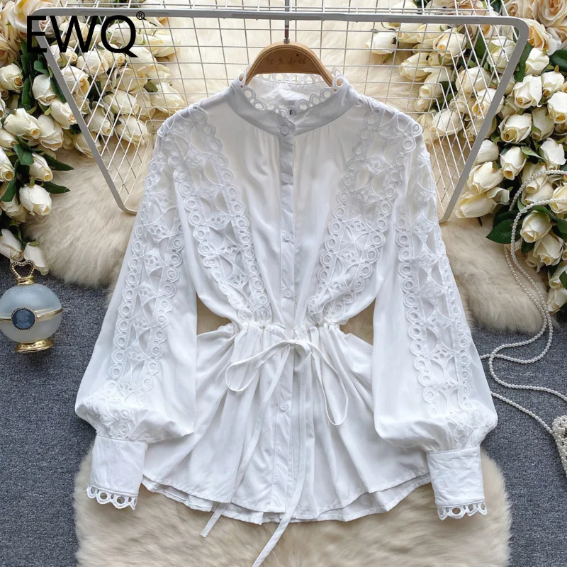 EWQ-camisa feminina de cinto emendado, gola doce com estante, cintura reunida, tops de manga comprida, roupas da moda, novo, 27X267, 2024