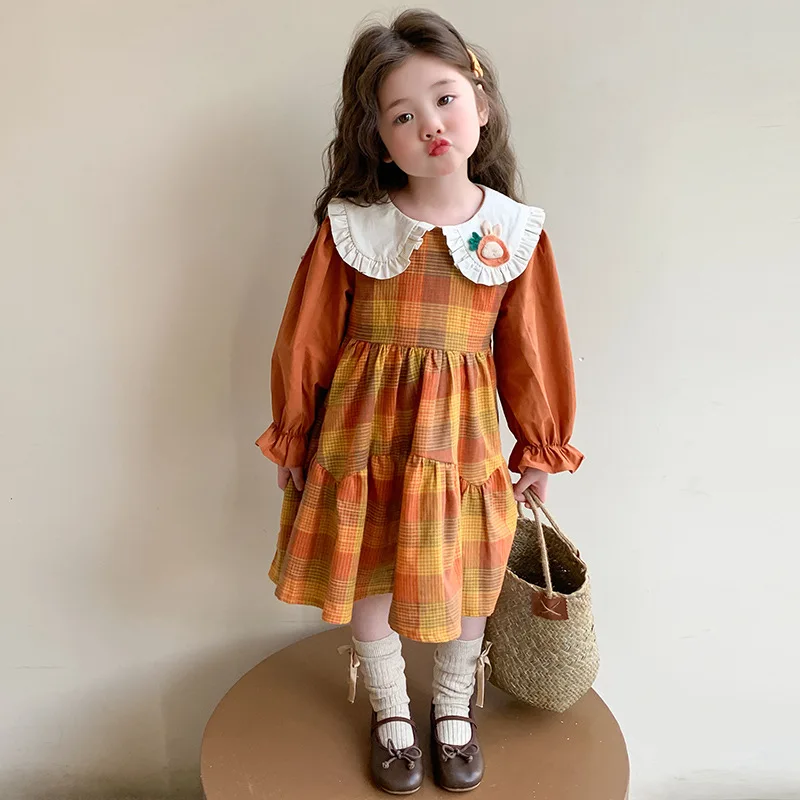 Girls Spring and Autumn Long Sleeve Cute Doll Collar Dress2025New Baby Spring Fashion Korean Style Plaid Skirt