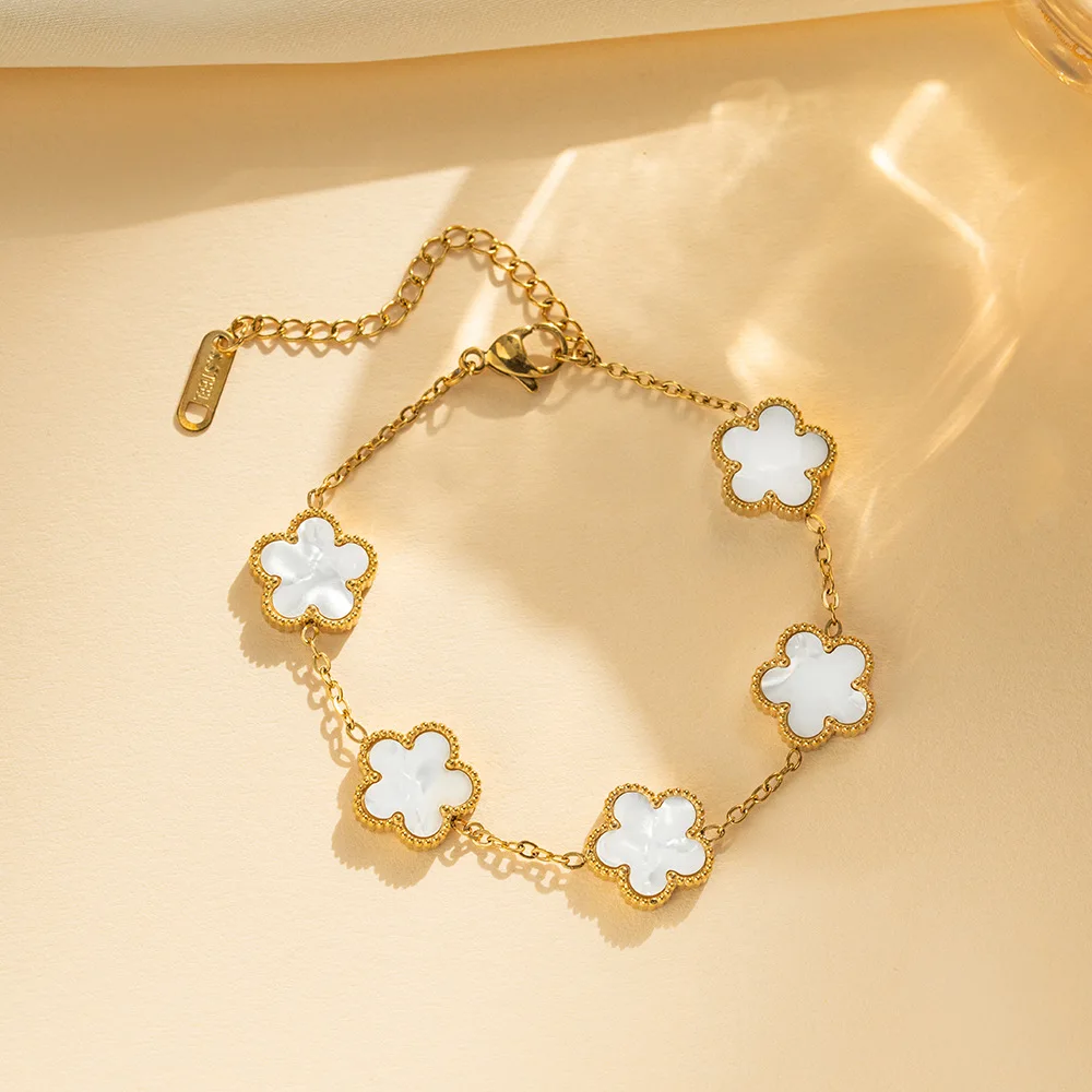 

Silver Gold Color New Design Plant Five Leaf Flower Bracelet Single sided Plum Blossom Stainless Steel Jewelry Women's Clover