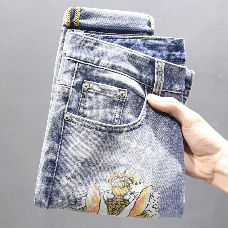 2024 Spring and Summer Luxury Printed Jeans for Men, Trendy and Unique Washed Stretch Slim Fit Pants