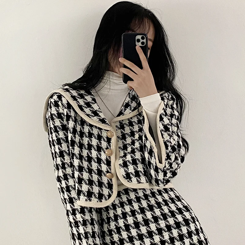 

Chic Navy Collar Open Cardigan Plaid ort Jaet High Waist A-Line Skirt Knitted Set for Young Women Autumn Cotton