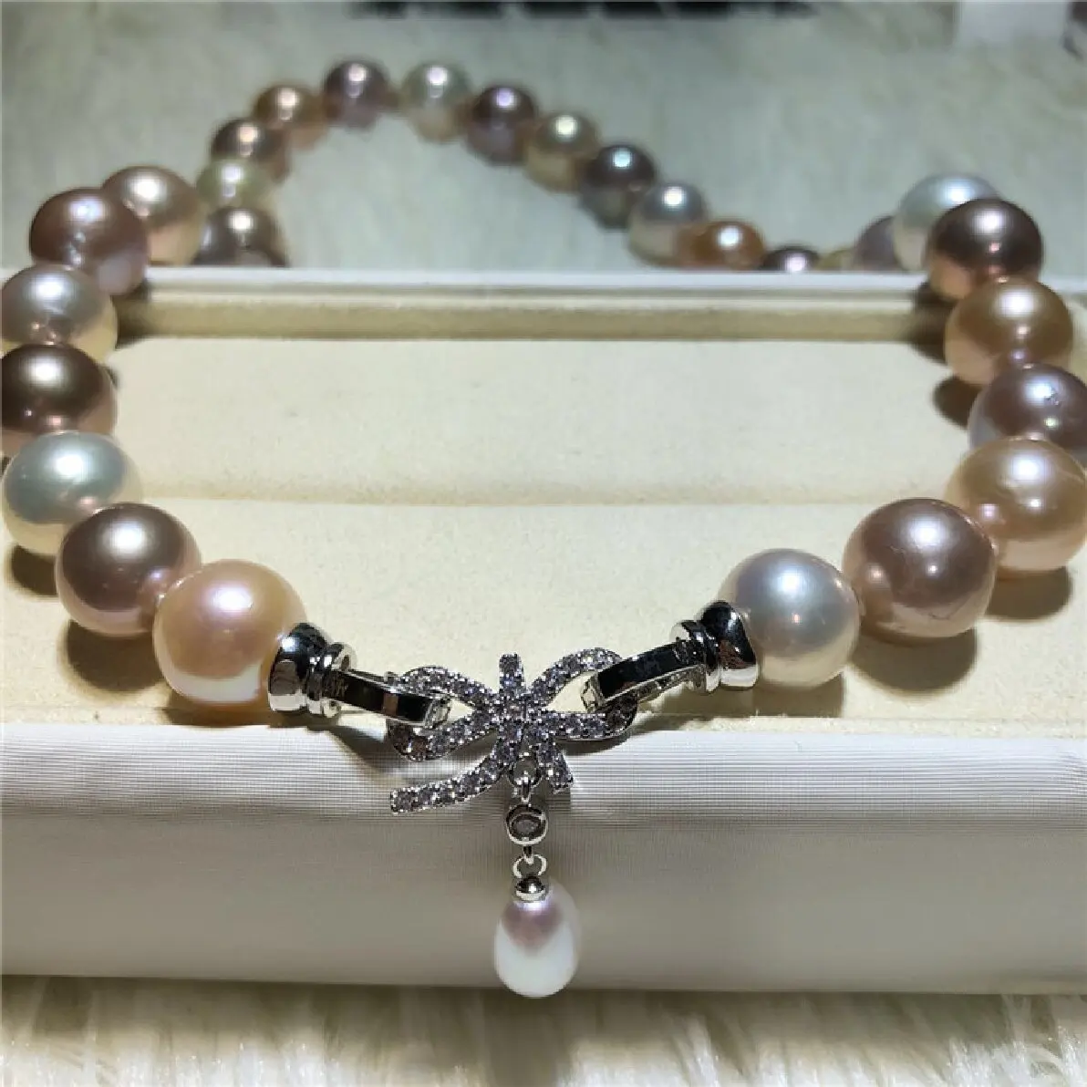 Hand knotted natural large 11-13mm color freshwater pearl temperament micro inlay zircon clasp necklace fashion jewelry