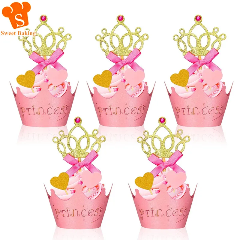 50 Set Glittery Princess Cupcake Toppers Crown Cupcake Wrapper Holder Party Decorations Supplies for Birthday Baby Shower