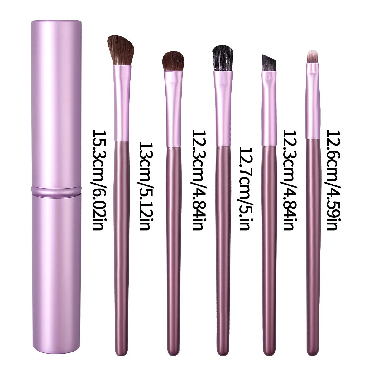 Un ensemble de 5 pinceaux de maquillage pour les yeux multifonctionnels, bloc de bois exquis et doux + 1 support de rangement portable en tube d'aluminium pour voyage