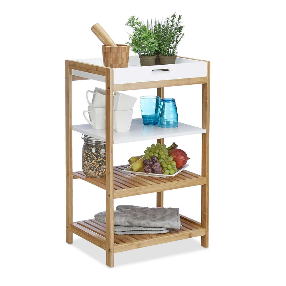 Rustic-style home storage rack, space-saving, 4-story bamboo bathroom rack, storage trapezoidal rack with tray
