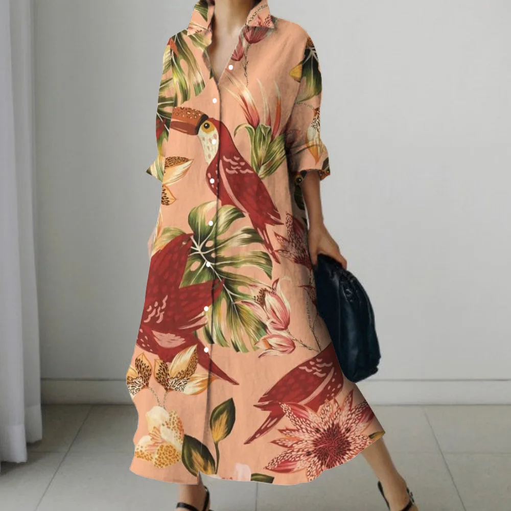 2024 New Fashion Elegant Leaf Print Autumn Long-sleeved Dress Street Fashion Loose Shirt Dress Casual Home Single-breasted Dress