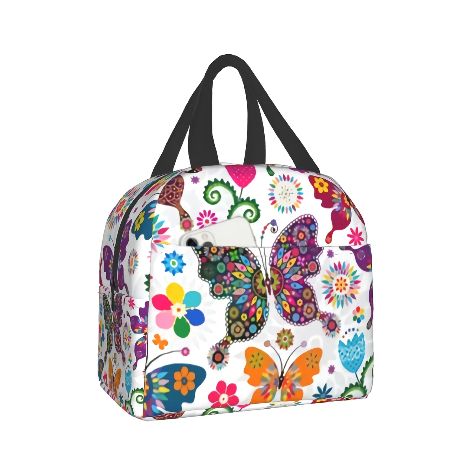 Colorful Butterflies And Flowers Kids Lunch box Insulated Soft Bag Cooler Back to School Thermal Meal Tote Kit for Girls Boys