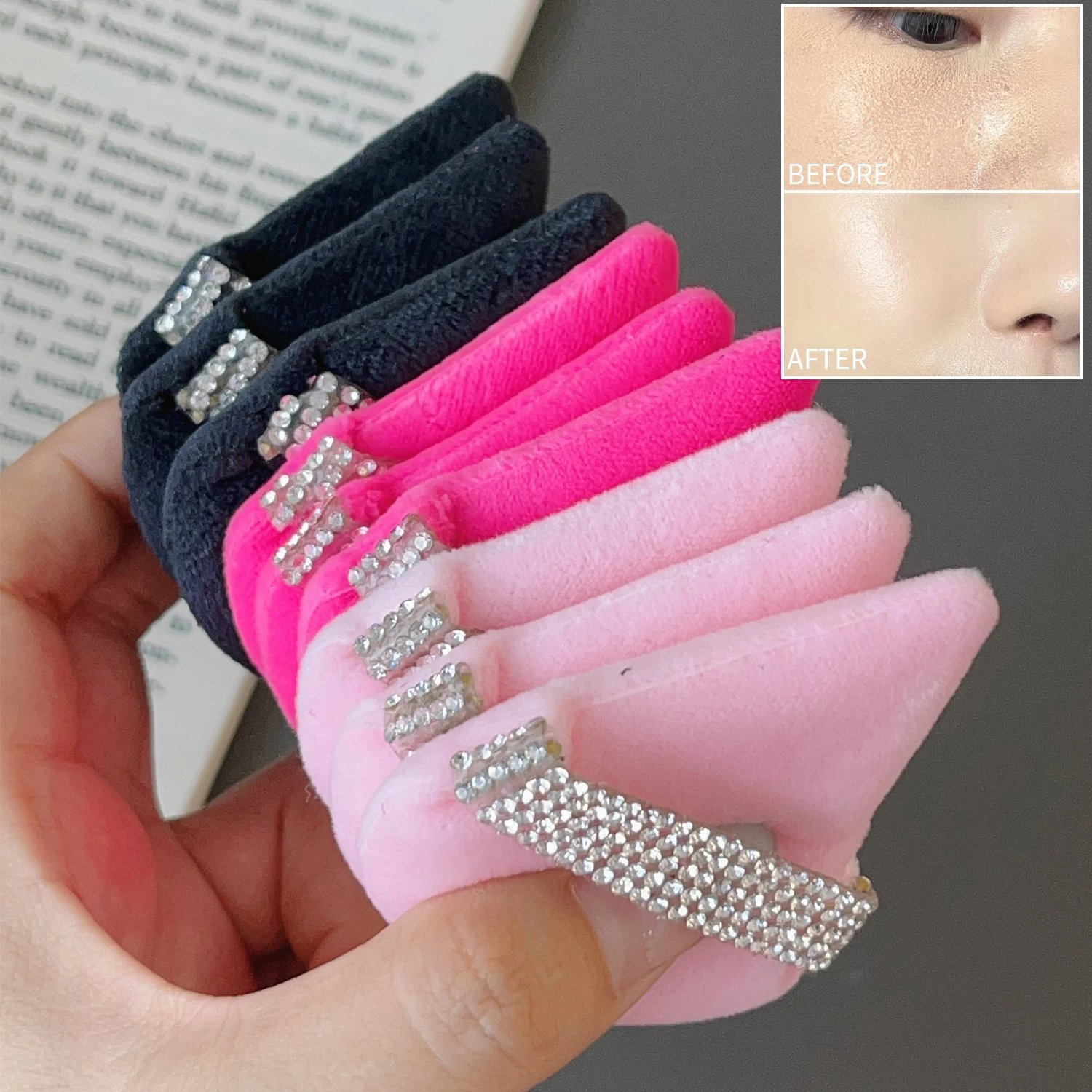 1/5pcs คริสตัล Flocked สามเหลี่ยมแป้งพัฟเปียกและแห้ง Face สามเหลี่ยมกํามะหยี่แต่งหน้าพัฟชุด Foundation ฟองน้ําเครื่องสําอาง