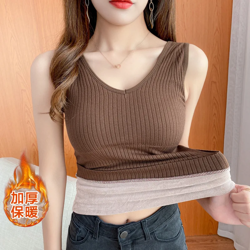 

Winter Plus Velvet Thicken Keep Warm Camisoles Women Solid Padded V-Neck Back Closurebasic Tube Comfortable Lingerie（80g-130g）