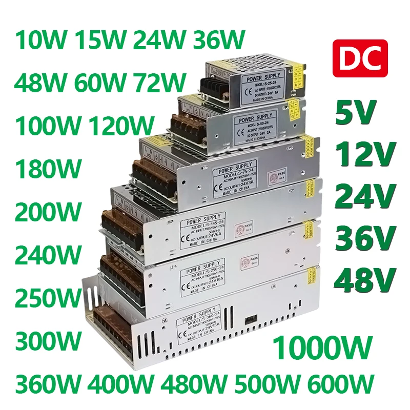 transformador de alimentacao comutada smps para tiras led cctv dc 5v 12v 24v 36v 48v 60w 360w 600w 800w 1000w ca 110v 220v 01