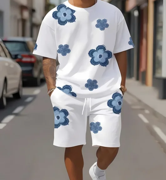 

Summer 2025 New Men's 3D Floral Print Short-sleeved Set, Casual And Comfortable Round-neck T-shirt