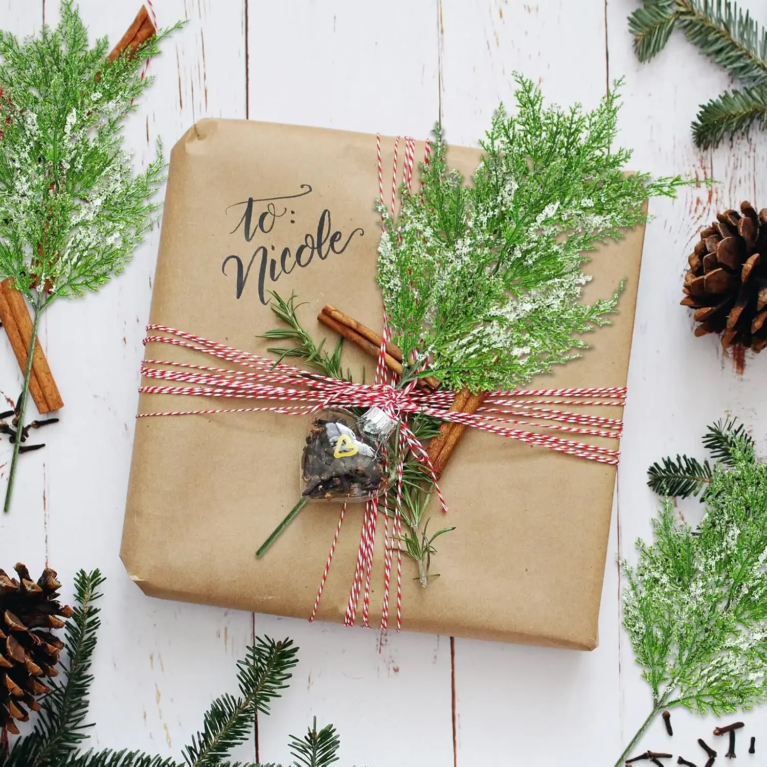 Christmas Snow Frosted Pine Branches Artificial Faux Cedar Fake Sprigs Pine Leaves Plastic Cypress Garland Wreath DIY Decoration