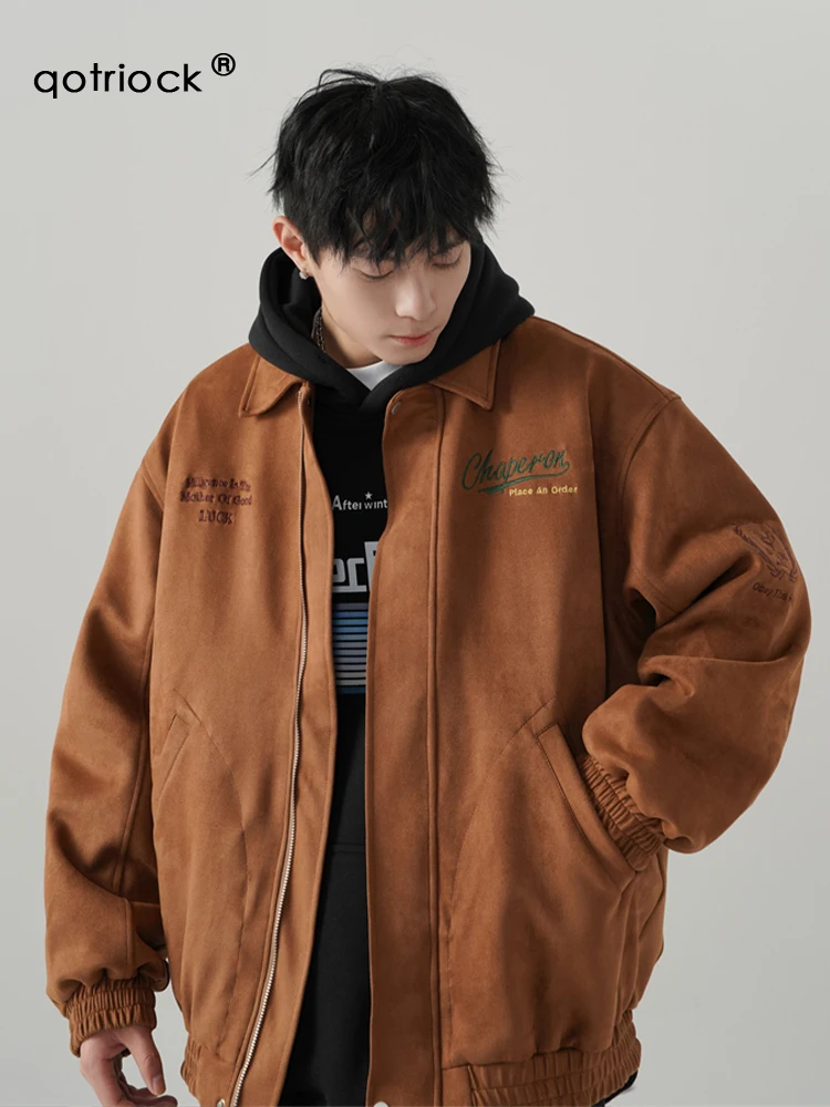 Jacket Turn-down Collar Coat Men's Pure Color American Suede Spring and Autumn Trendy Loose Letter Embroidery Fashionable Casual