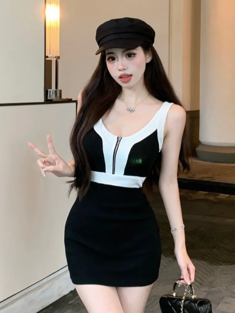 

Sexy Fashion V-Neck Color Block Sleeveless Zipper Knitted Dress Slimming Shoulder Bared Korean Style Commute Short Dress