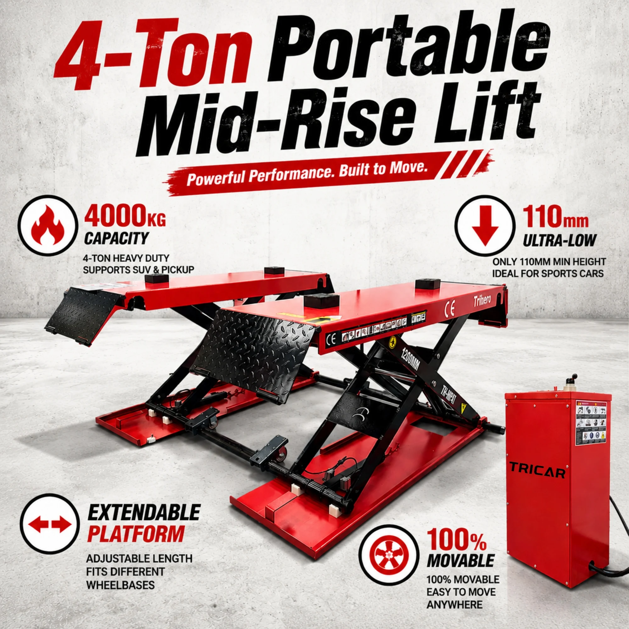 1.2m Hydraulic Scissor Lift 4000kg Movable Automatic Lift Platform Mid-position Car Lifter Hydraulic Scissor Car Lift
