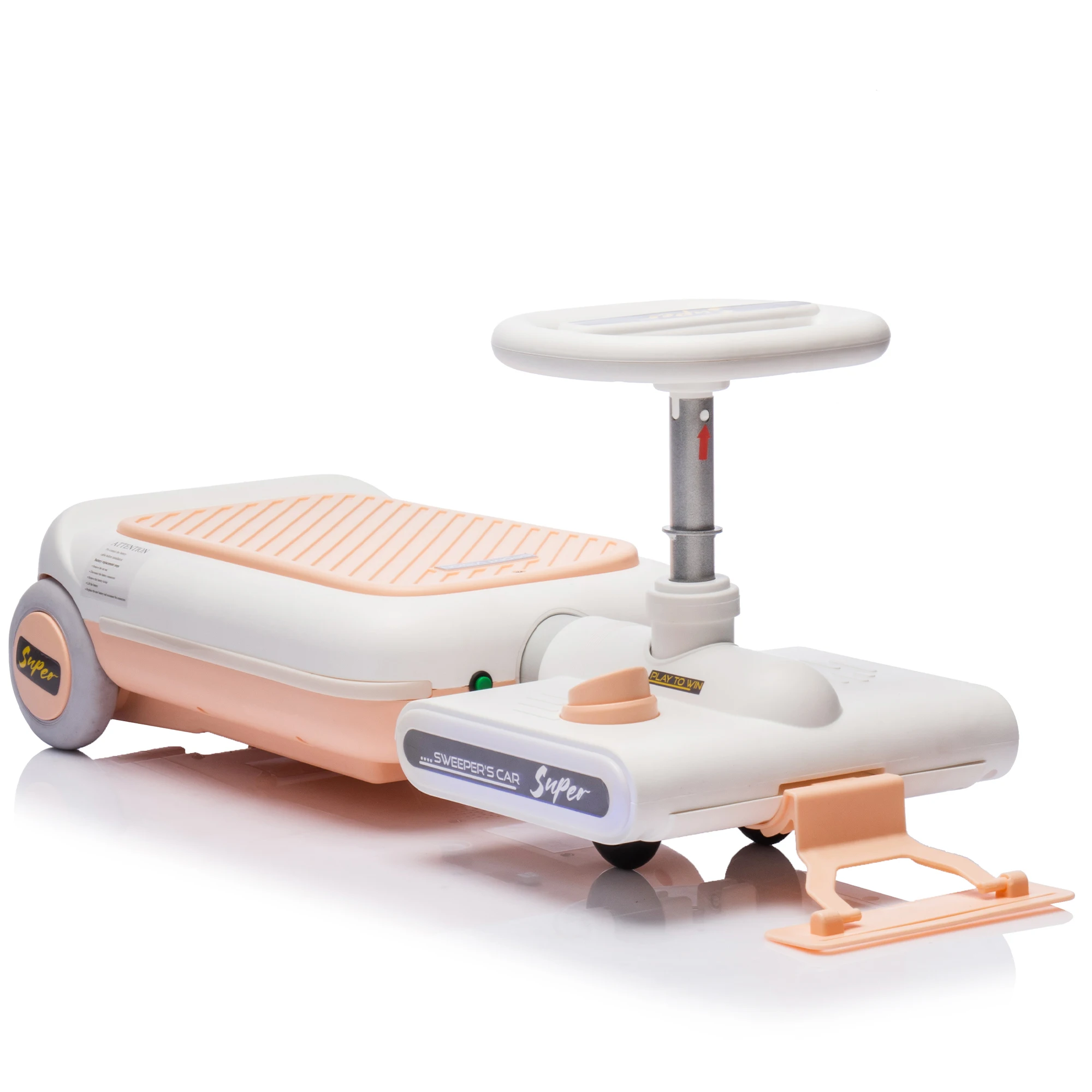 Go Kart per pulizia 12V per bambini, motore 55W, anteriore con mop per pulizia, lunghezza può estesa da 6 cm, funzione musicale e illuminazione integrata