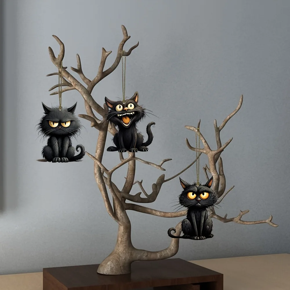 Handmade Black Cat Emoji Wooden Hanging Ornament,Wooden crafts,Christmas Halloween decorations Home