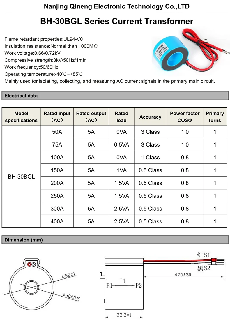 10A 5A Wasserdichter Stromwandler BH-10BCL 20A 30A 50A 75A 100/5 AC DIN-Schienen-Stromwandler 3-Phasen-CT-Sensor – Detail 5