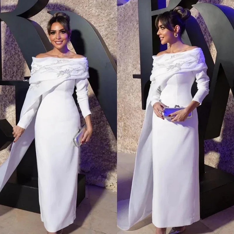 Aleeshuo Saudi Arabia Women Satin Prom Dressess Straight Appliques Evening Dress Boat Neck Formal Long Sleeve Pleat Ankle-Length