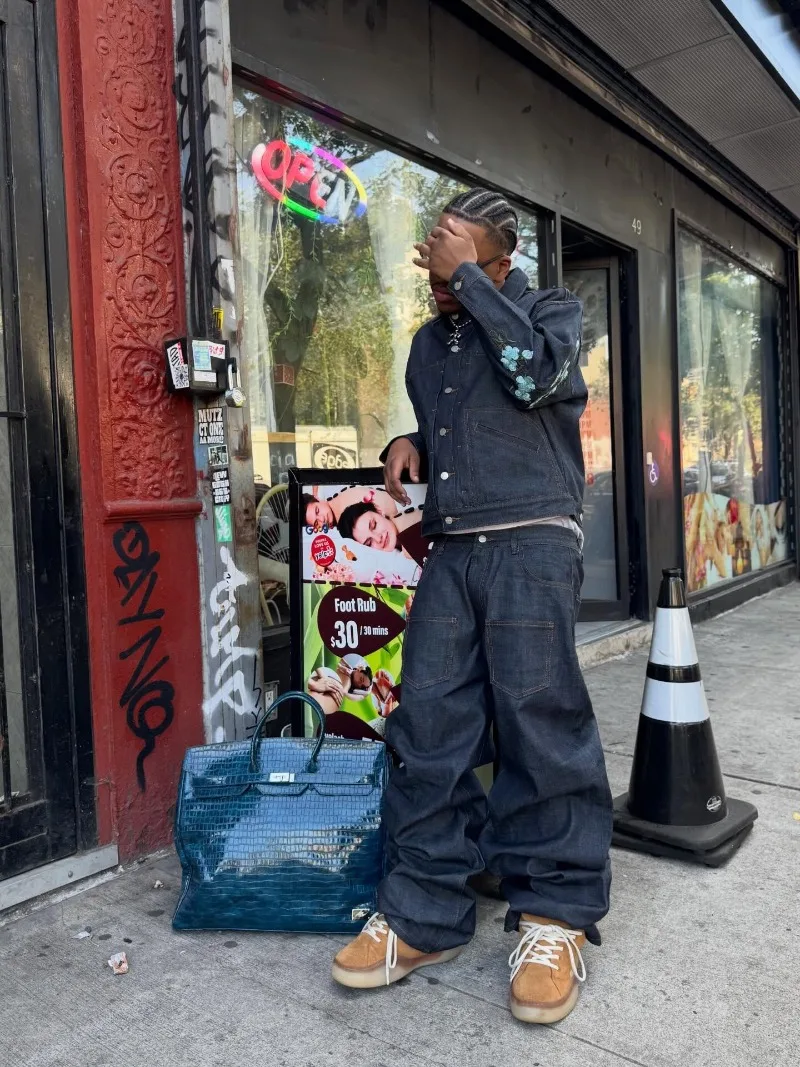 Y2K جينز فضفاض 2000s Harajuku تطريز زهر الكرز نمط الجينز الشارع الشهير خمر الهيب هوب الرجال النساء عادية واسعة الساق الجينز #2