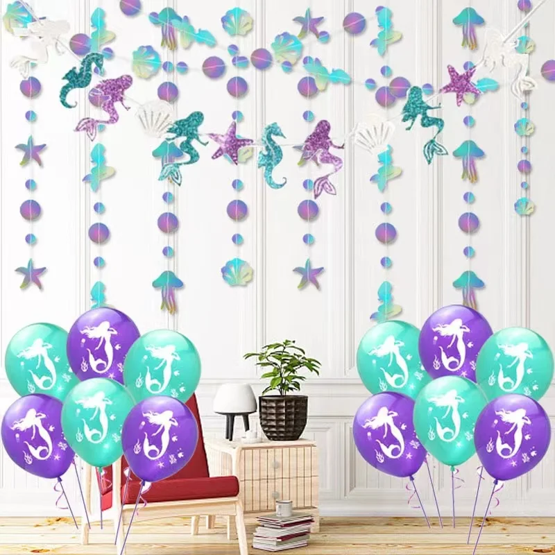 4PCS TOTAL 16M Iridescent Mermaid Garland Stream for Little Mermaid Rainbow Theme Birthday Bachelorette Baby Shower Party Decor