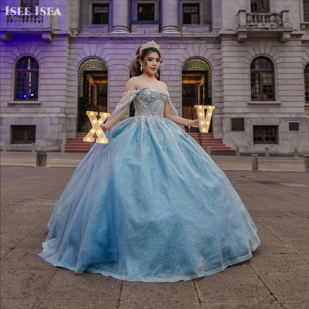 

Синие платья Quinceanera, бальное платье принцессы с открытыми плечами и бисером, жемчужное платье, торжественное платье на день рождения по индивидуальному заказу