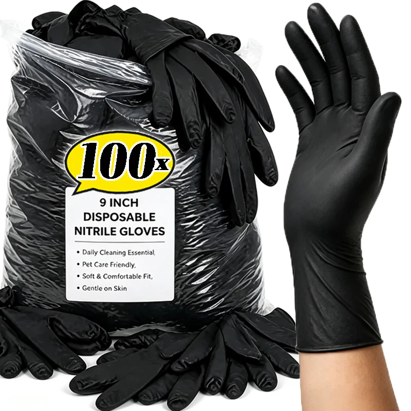 2/100PCS Disposable Black Gloves High Elasticity PVC Anti-acid Alkali Waterproof Working Glove Clean Hairdressing Kitchen Tools
