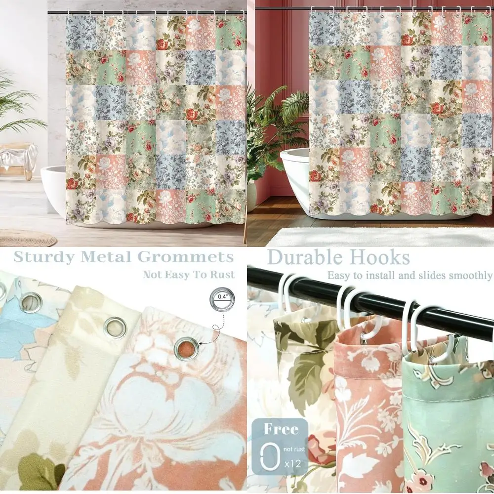 

занавеска для душа в стиле бохо - розовая лоскутная занавеска с цветочным принтом и 12 крючками - винтажная ретро занавеска для ванны в стиле бохо с цветочным принтом