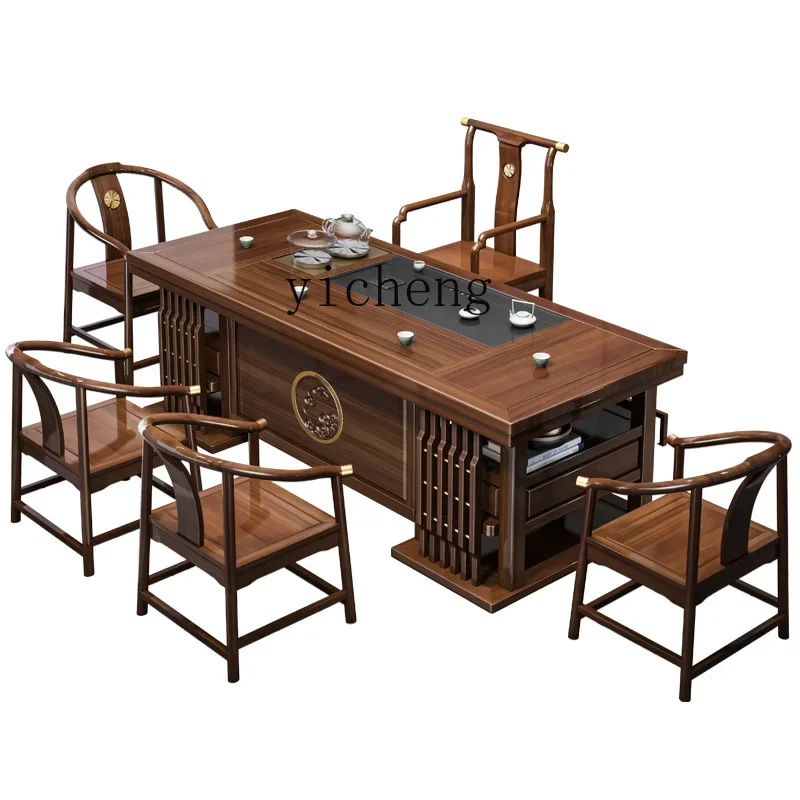 XL New Chinese Style Solid Wood Table-Chair Set Rosewood Kung Fu Tea Table Tea Tray Integrated Tea Table