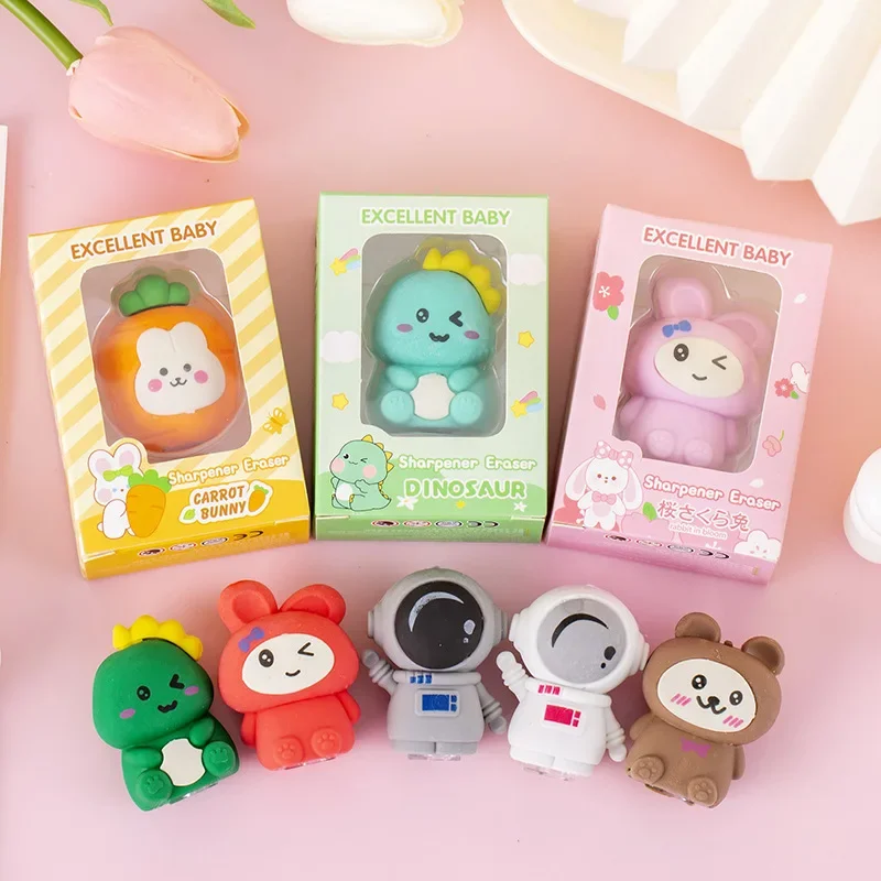 Cute Cartoon Pencil Rubber With Pencil Sharpener Kawaii Bear Rabbit Dinosaur Astronaut Pencil Erasers for Kids School Stationery