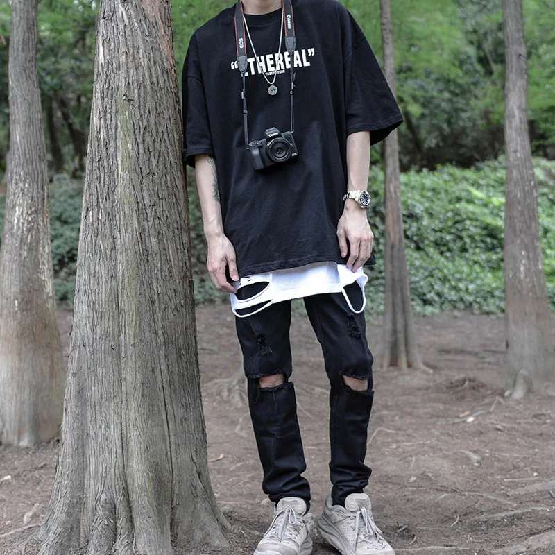 High Street Washing Slim Fit Tight Elastic Black Hole Fashion Streetwear Men's Summer Women Ripped Jeans Denim Pants