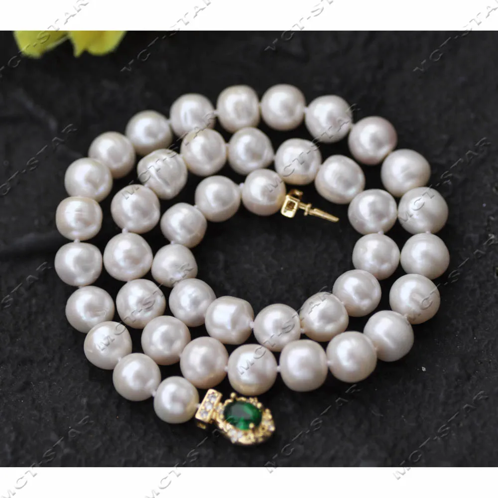 

Z14291 Real 17" 11mm White Round freshwater Pearl Necklace Green CZ