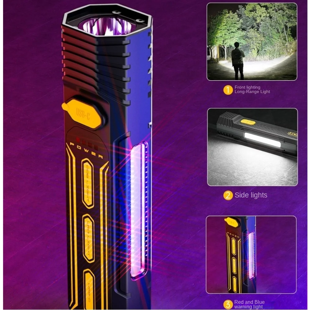 Outdoor high gloss flashlight, home long-range portable USB charging, side color changing emergency light, LED flashlight