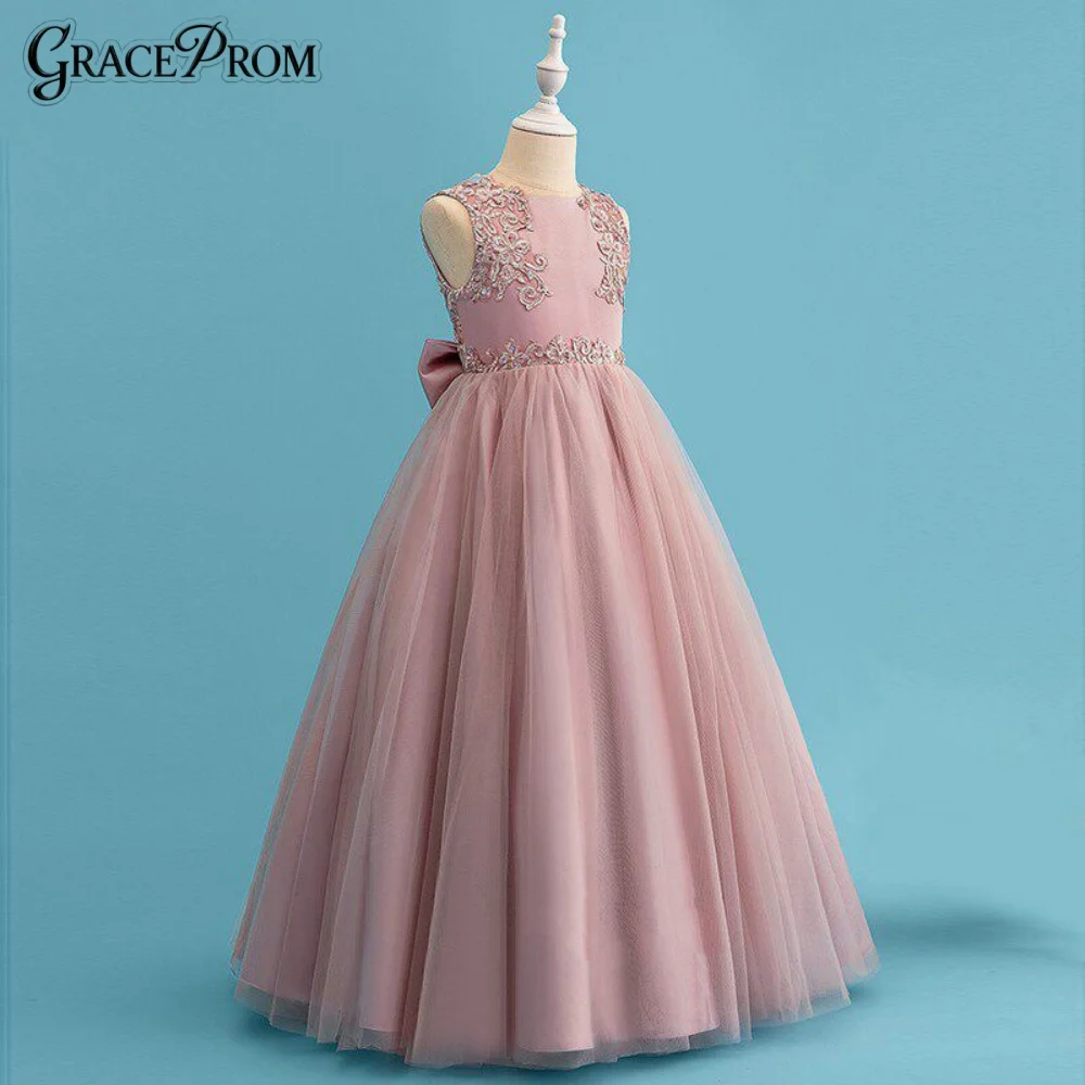 

Elegant Dusty Pink Tulle Flower Girl Dress with Lace Beaded Appliques Sleeveless Floor Length Kids Wedding Princess Party Gown