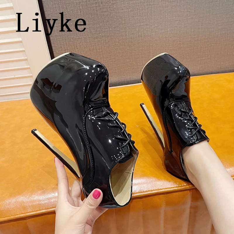 Liyke-Patente Bombas Plataforma de Couro para Mulheres, Cruz com Laço Acima, Dedo Redondo, Salto Alto Extremo, Stripper Pole Dance Shoes, Moda, Tamanho 42