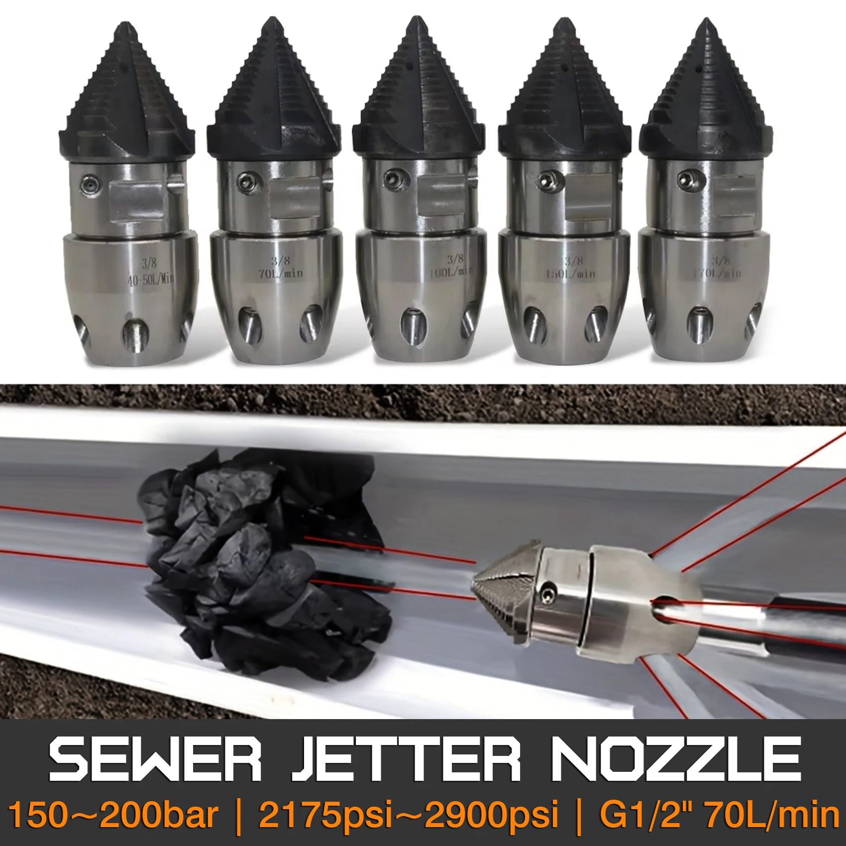 Sewer Jetter Nozzle for 2900 PSI 70 L/min 1/2'' Pressure Washer Stainless Steel, Fast Rotating for Municipal Drain Pipe Cleaning