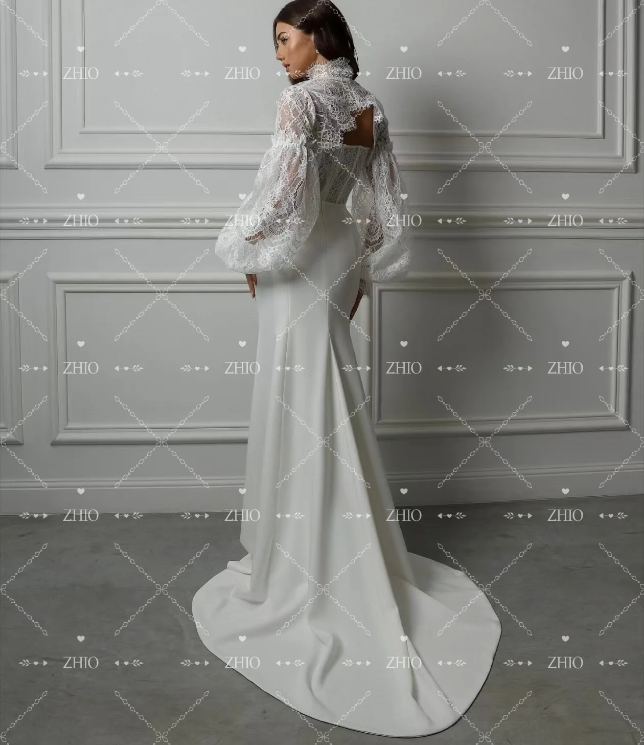 ZHIO فستان زفاف أنيق حورية البحر رقبة عالية دانتيل وأكمام طويلة مطوي جانبي فتحة عالية من الساتان فساتين سهرة فستان زفاف مخصص #2
