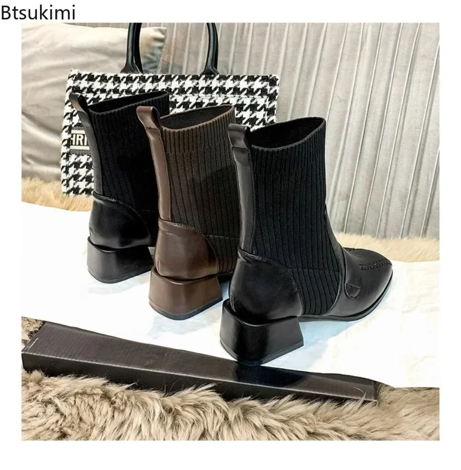 2024 Women's Fashion Short Boots Martin Boots Female Medium Heel Light Socks Shoes British Ladies' Short Boots Zapatos De Mujer