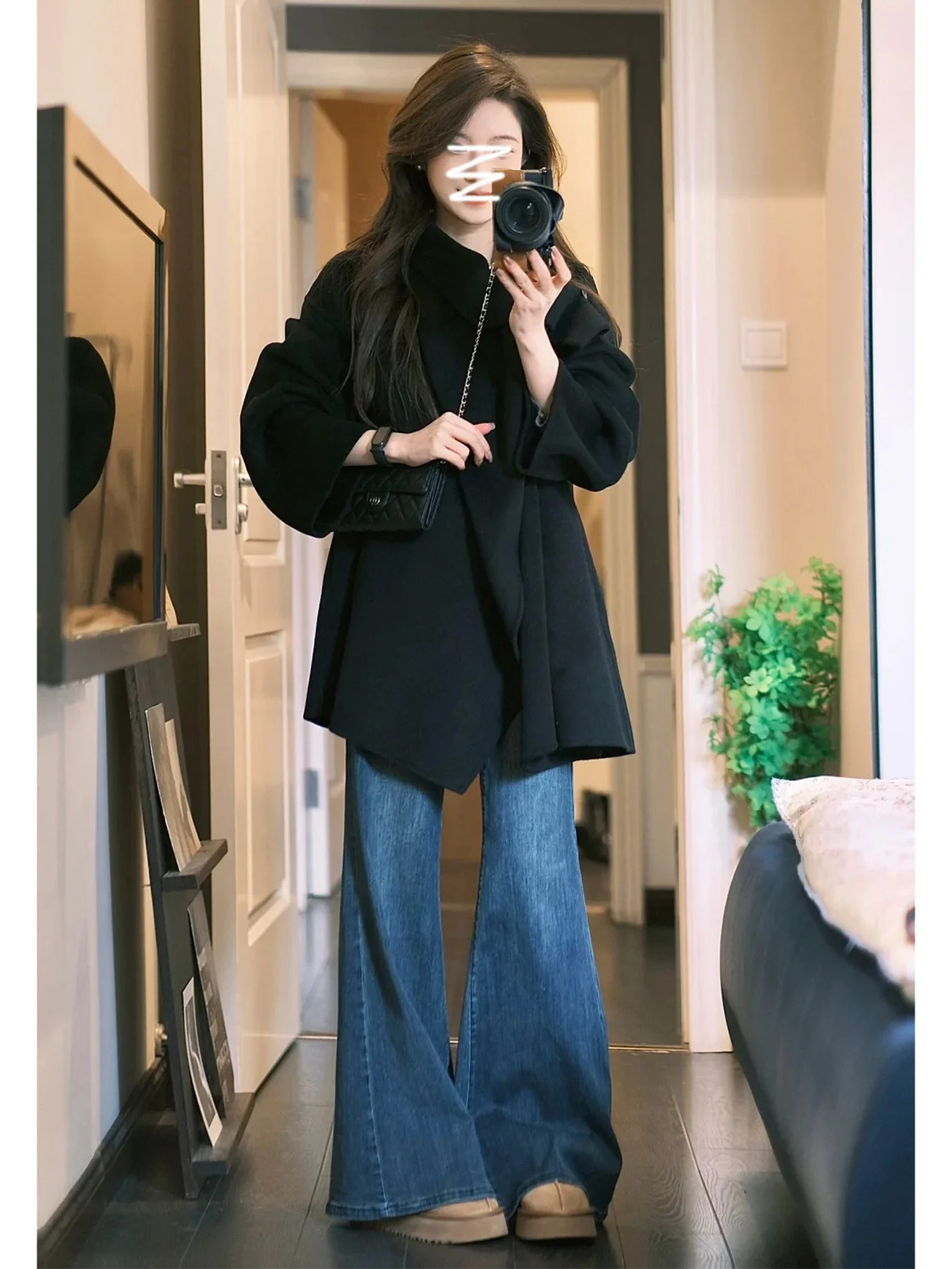 

Retro High Waist Fleece Lined Bootcut Jeans Women's Winter Loose Slimming Floor Length Bell Bottom Denim Pants